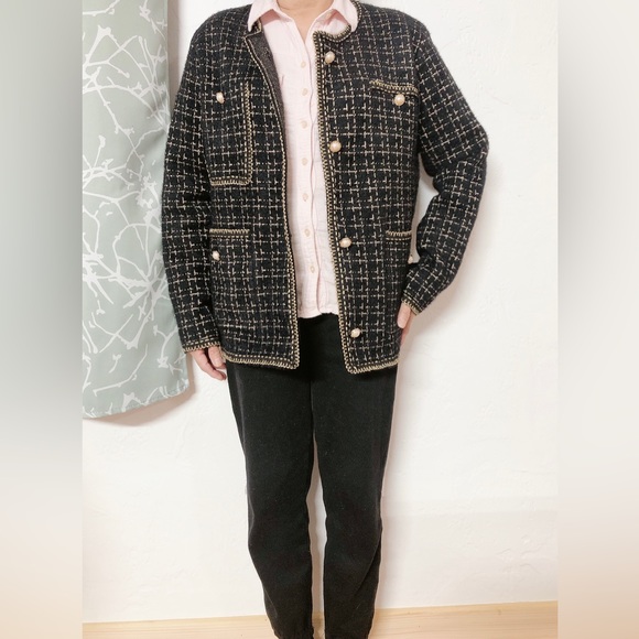 Plaid Faux Pearl Button Tweed Jacket/ Knitting Cardigan - Picture 9 of 10